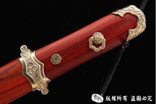 经典简装红木短唐刀-亮铜版
